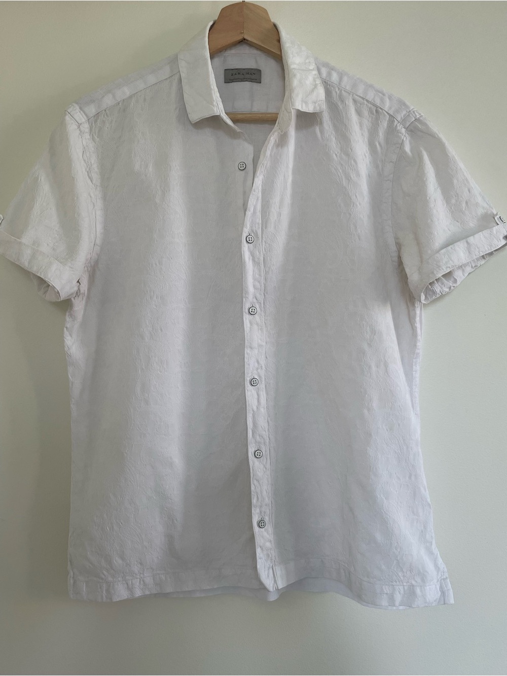 Zara Man White Cotton-Linen Textured Short Sleeve Button Down Shirt